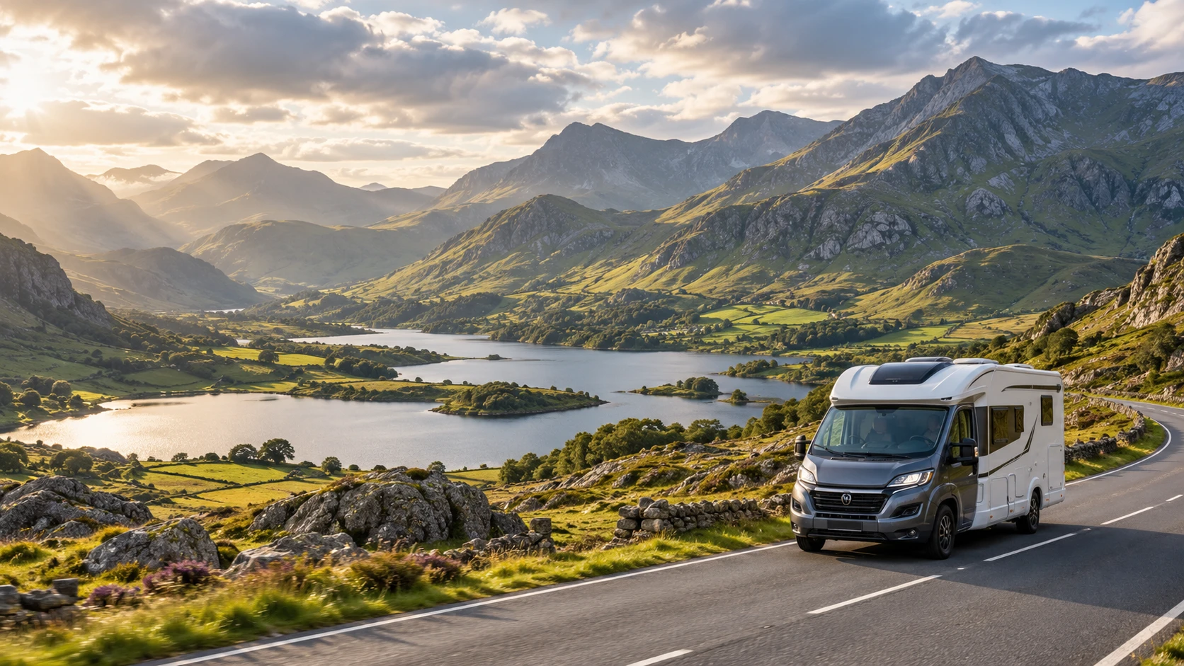 AI-created scene of a modern motorhome on a mountain road, inspired by Eryri